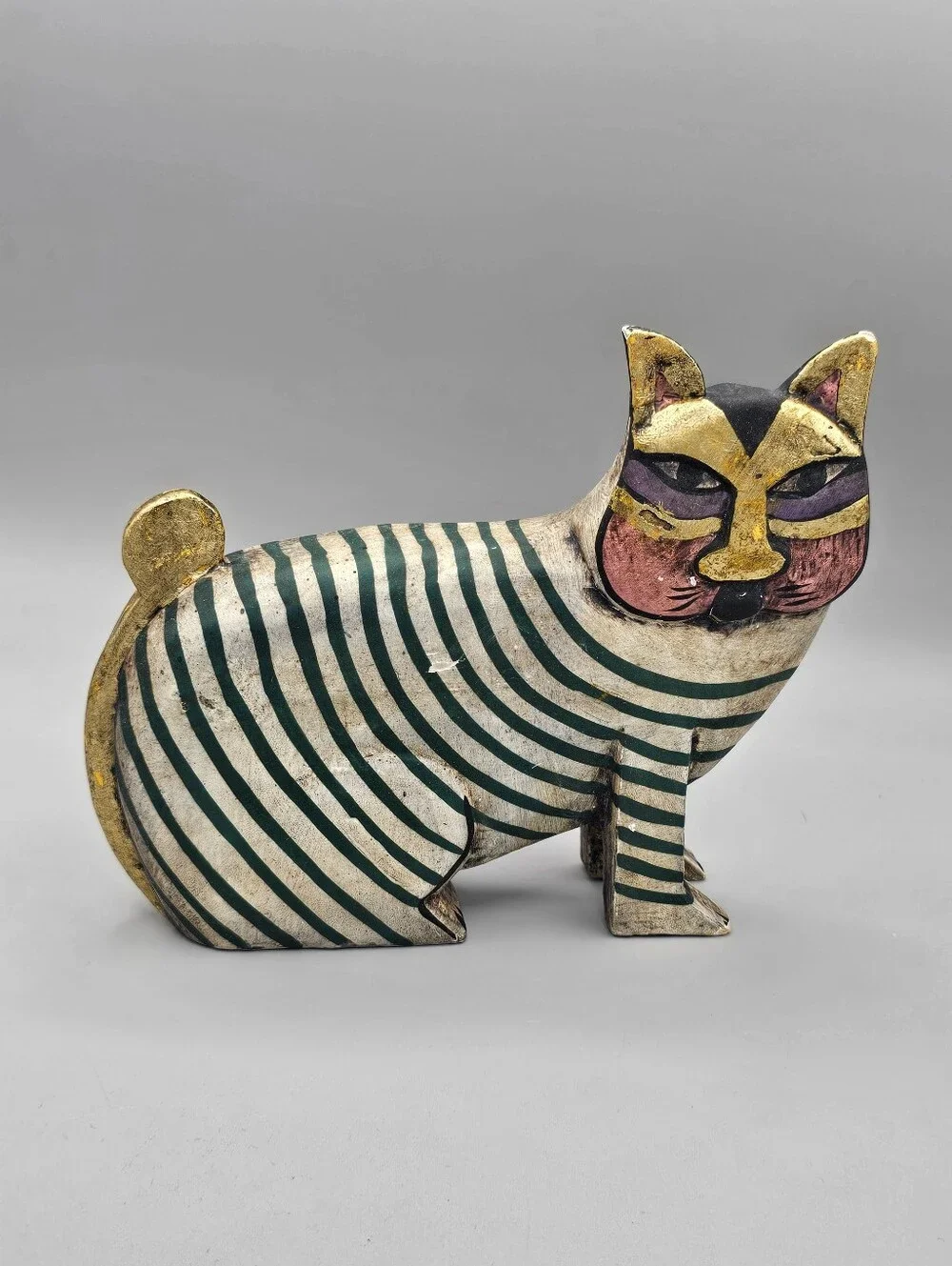 Vtg Indonesian Bali Thai Folk Art Carved Wood Cat Figurine Hand Painted Cheshire